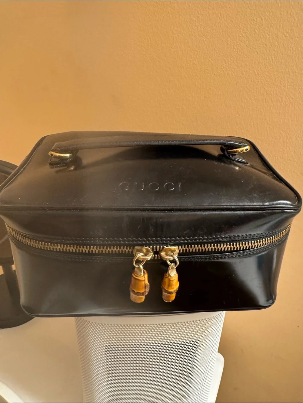 Vintage Gucci Black Leather Bamboo Vanity Cosmetic Train Case Italy